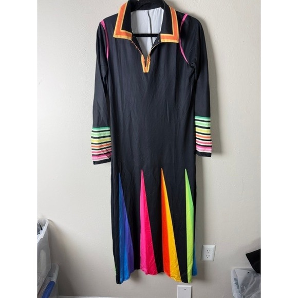 Uoozee Dresses & Skirts - UOOZEE Womens Long Sleeve Maxi Dress Black Neon Rainbow Stripe Collared XL